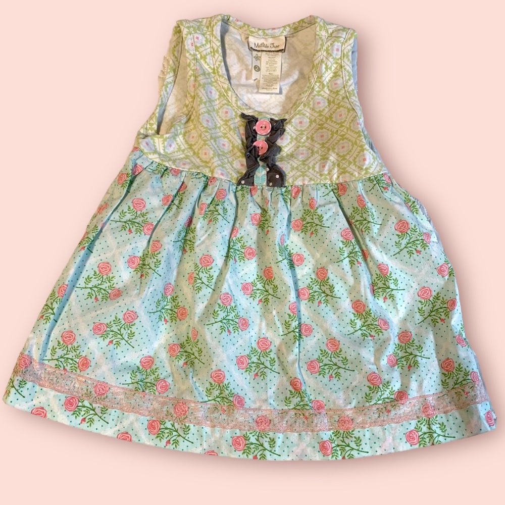 Matilda Jane size 2 shirt sleeveless tank top green floral pink lace buttons